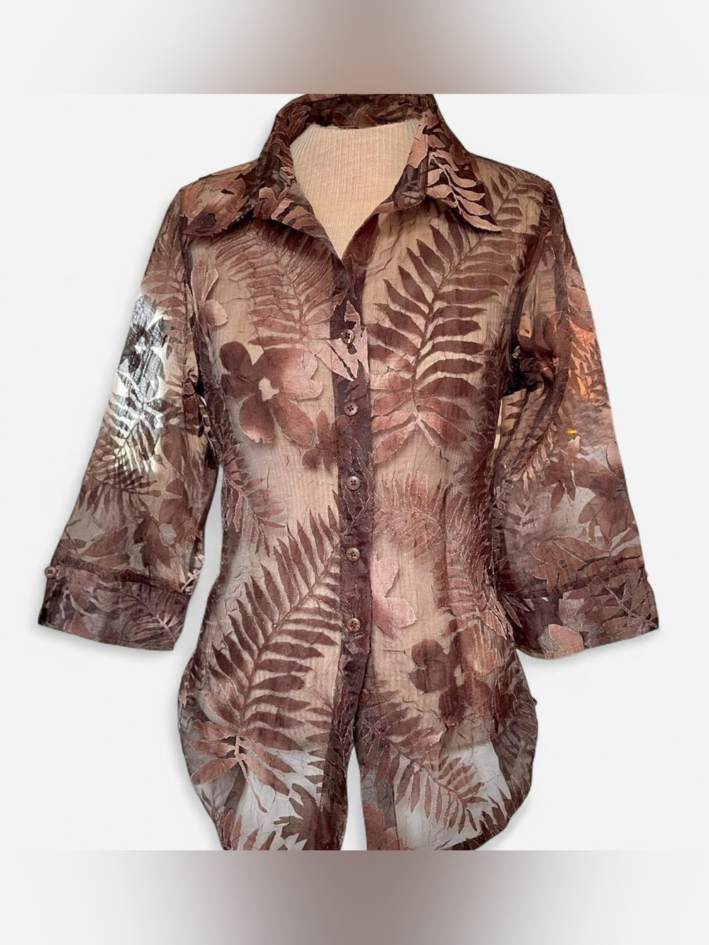 TanJay Brown Sheer Botanical Button-Down Shirt